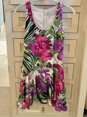 Trina Turk Tropical Asymmetrical Dress with Pink & Purple Orchids
